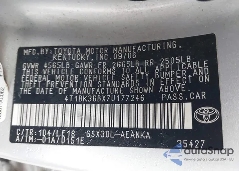 2007 Toyota Avalon Touring from USA, damaged, VIN 4T1BK36BX7U177246